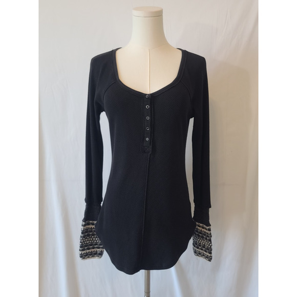 Free People Alpine Cuff Newbie Black Cotton Blend Thermal Top Y2K Small - Picture 2 of 6